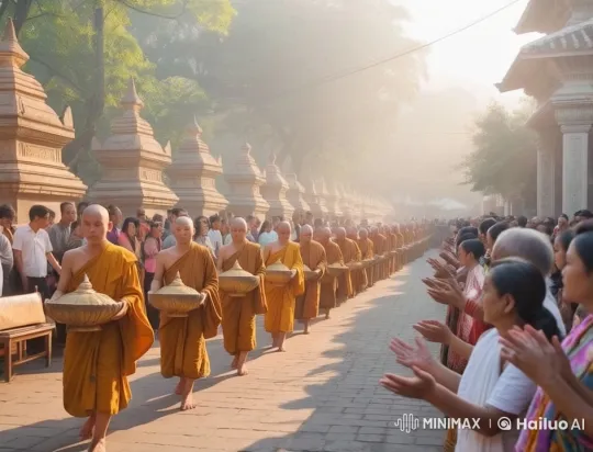 Monks and Villagers Participate in Alms-Giving Ceremony – AI Generated Video | Hailuo AI