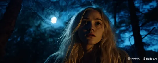 Blonde Woman Navigates Ominous Night Forest – AI Generated Video | Hailuo AI