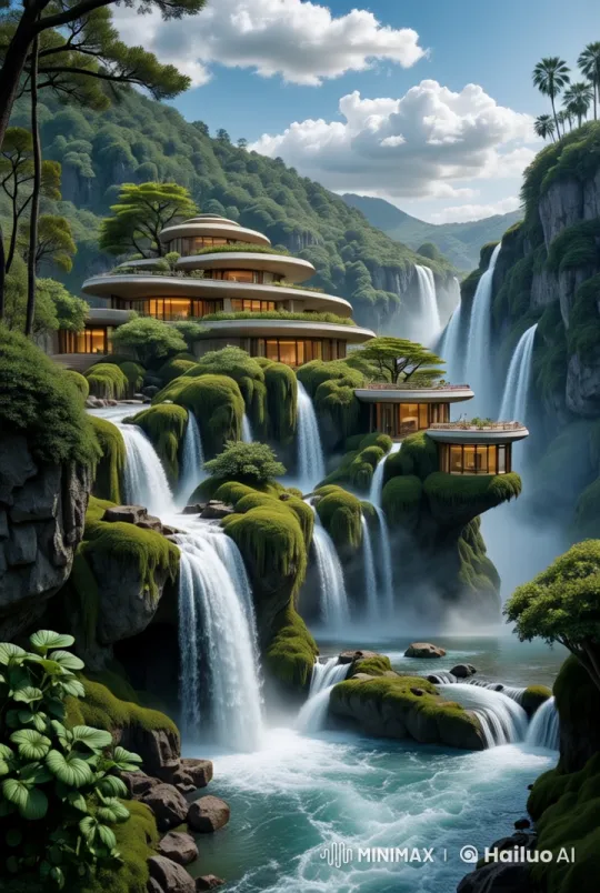 Futuristic Mansion Blends with Cliffside Forest and Waterfalls – AI Generated Video | Hailuo AI