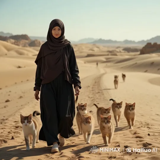 Woman and Six Cats Walk Through Serene Desert Landscape – AI Generated Video | Hailuo AI