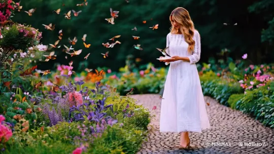 Enchanted Garden: Woman and Hummingbirds in Harmony – AI Generated Video | Hailuo AI