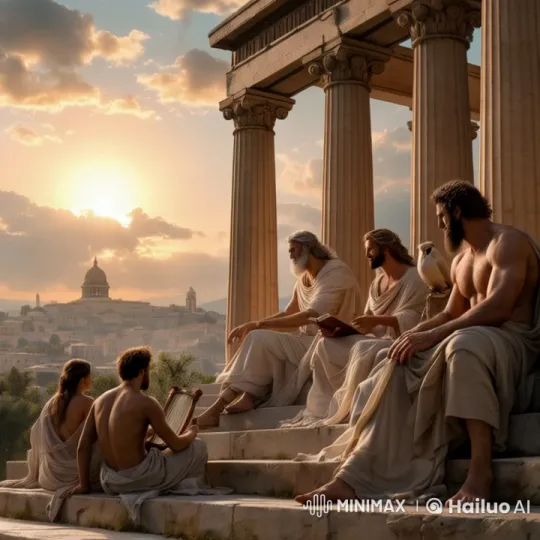 Ancient Greek Scholars Discussing at Sunset – AI Generated Video | Hailuo AI