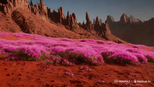 Martian Bloom: Pink Flowers Thrive on Red Planet's Mountain – AI Generated Video | Hailuo AI