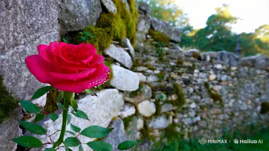 Vibrant Crimson Rose Amidst Ancient Stone Wall – AI Generated Video | Hailuo AI
