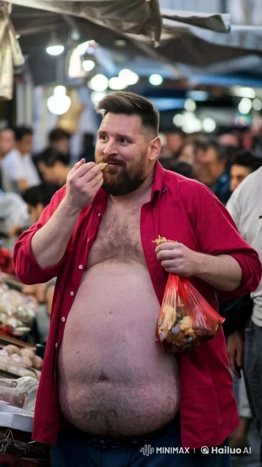 Messi in Vibrant Market with Belly and Red Bag – AI Generated Video | Hailuo AI