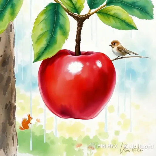 Peaceful Orchard: Juicy Red Apple, Bird, and Squirrel – AI Generated Video | Hailuo AI