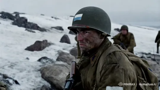 Argentine Soldier's Resolute Gaze in Falklands' Snowscape – AI Generated Video | Hailuo AI
