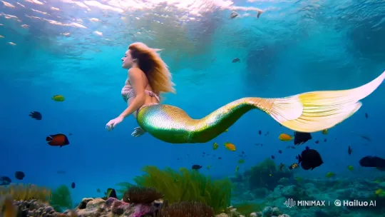 Mermaid Glides Through Vibrant Underwater Realm – AI Generated Video | Hailuo AI