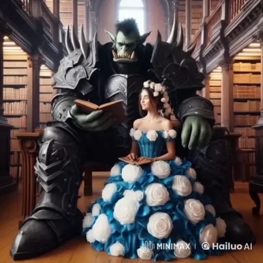 Orc and Woman Enjoying Reading in a Sunlit Library – AI Generated Video | Hailuo AI