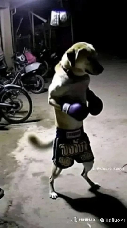 Dog in Boxing Shorts Practices Martial Arts in Garage – AI Generated Video | Hailuo AI