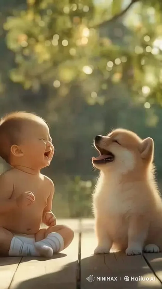 Baby and Puppy Bond in Serene Morning Garden – AI Generated Video | Hailuo AI