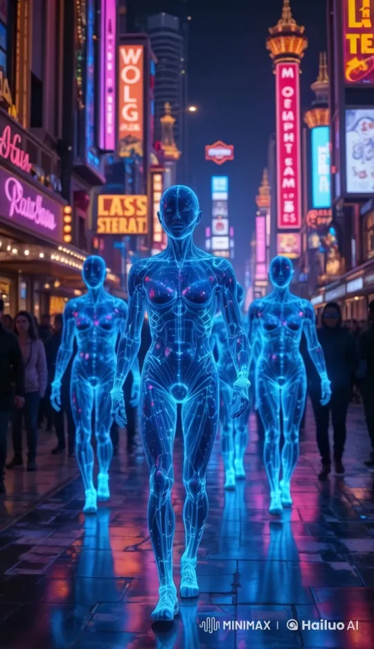 Holographic Beings Blend with Las Vegas Neon Nightlife – AI Generated Video | Hailuo AI