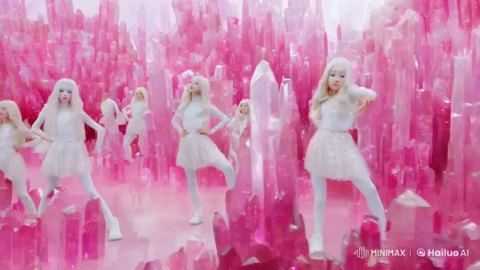 Ultra-White Albino Girls Perform Kpop in a Pink Crystal World – AI Generated Video | Hailuo AI