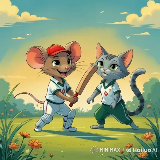 Cat and Mouse Play Cricket in Animated Pastoral Setting – AI Generated Video | Hailuo AI