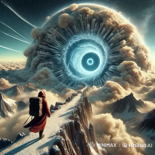 Traveler Approaches Enchanting Portal on Snowy Ridge – AI Generated Video | Hailuo AI