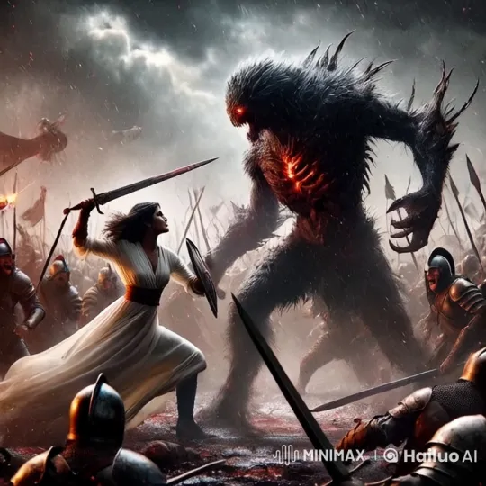 Heroine and Monster Standoff Amidst Stormy Battlefield – AI Generated Video | Hailuo AI