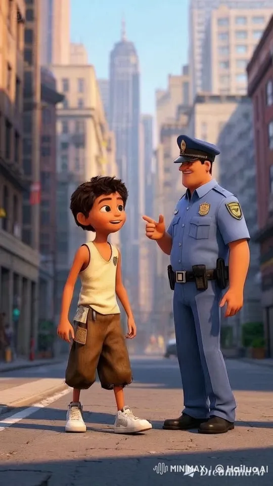 Officer Engages Curious Boy on Bustling City Street – AI Generated Video | Hailuo AI