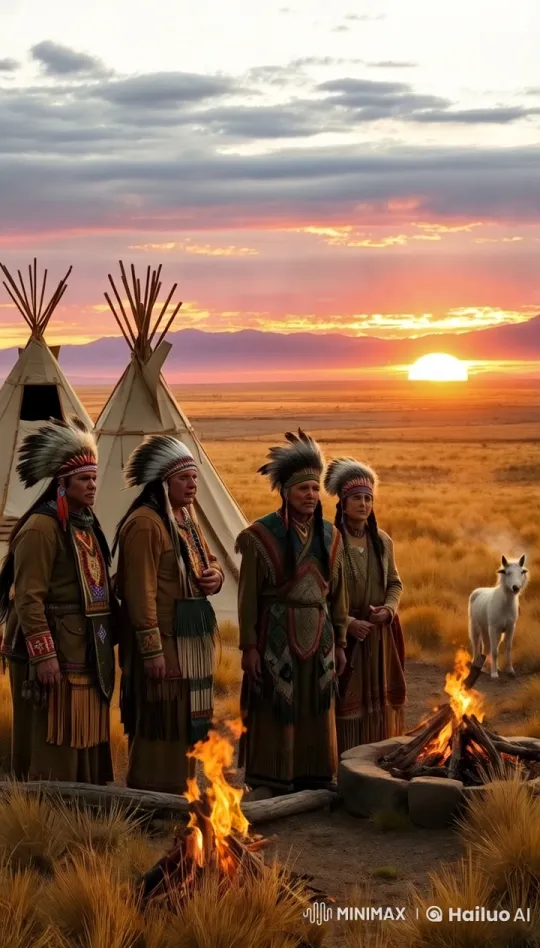 Native American Camp at Sunset with Traditional Attire – AI Generated Video | Hailuo AI