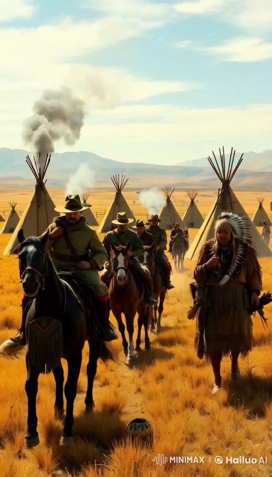 Old West Horsemen Pass Native Americans in Serene Landscape – AI Generated Video | Hailuo AI