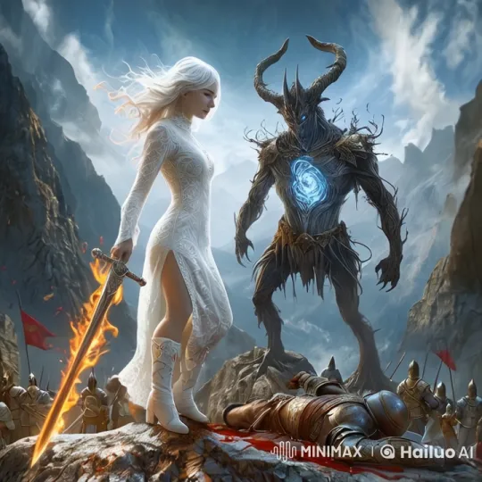 Victorious Woman Stands Over Fallen Warrior Amidst Dramatic Fantasy Mountain Scene – AI Generated Video | Hailuo AI