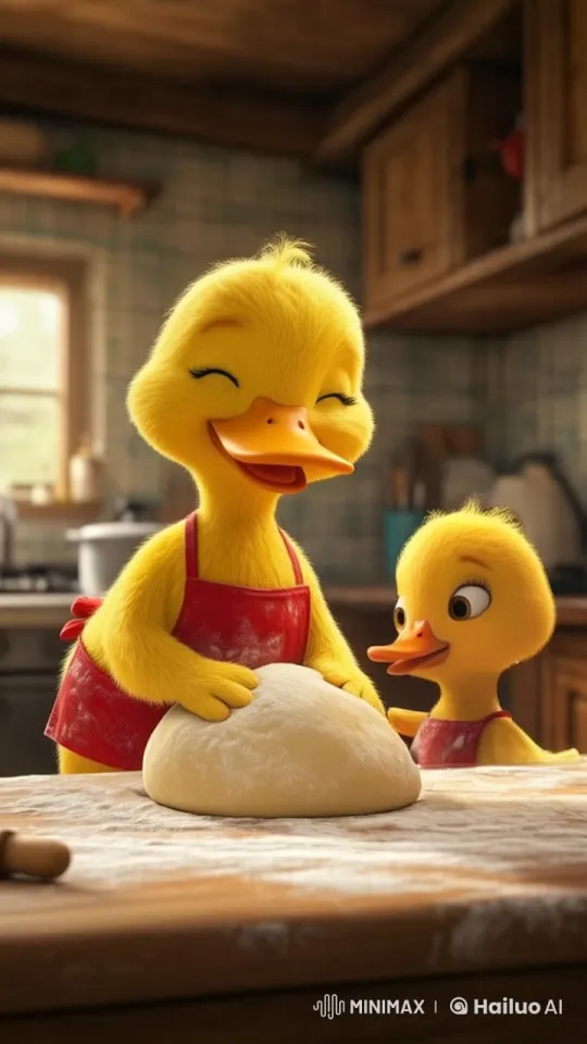 Mother Duck and Duckling Bond Over Baking in Animated Kitchen – AI Generated Video | Hailuo AI