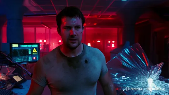 Athletic Man Navigates Chaotic Biotech Lab Amidst Alarm – AI Generated Video | Hailuo AI