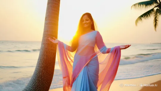 Sunset Serenity: Graceful Woman Embraces Sunlight on the Beach – AI Generated Video | Hailuo AI