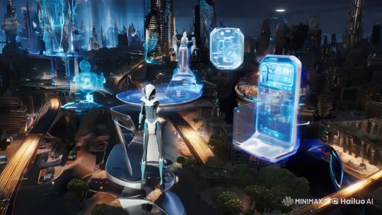 Futuristic Cityscape Showcasing Advanced Gadgets and AI – AI Generated Video | Hailuo AI