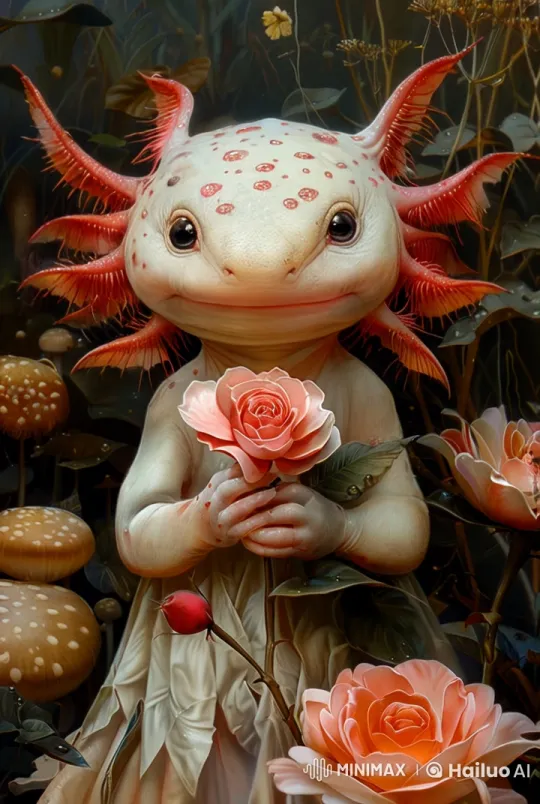 Magical Axolotl Admires Rose in Enchanted Forest – AI Generated Video | Hailuo AI