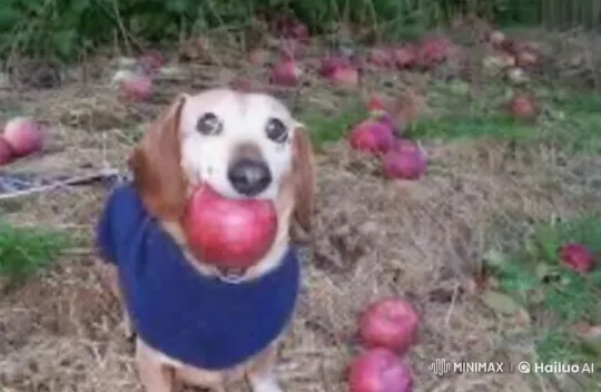 Unexpected Explosion: Content Dog Amidst Apples – AI Generated Video | Hailuo AI