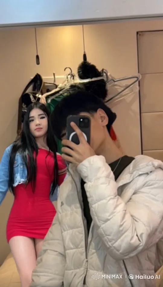 Young Couple Exchanging Affection in Dressing Room – AI Generated Video | Hailuo AI