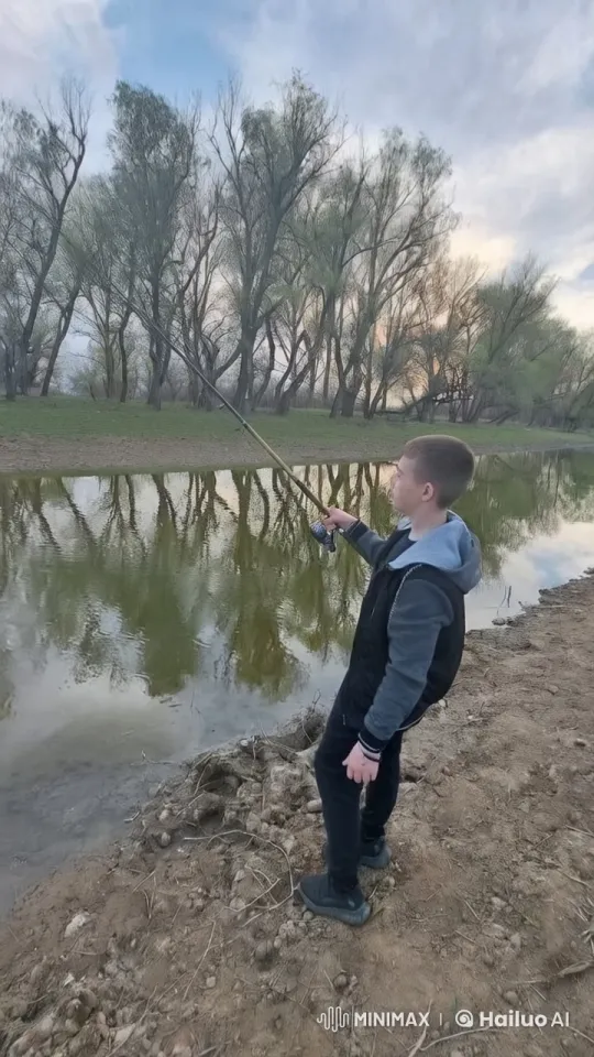 Boy Battles Fish in Tranquil River Setting – AI Generated Video | Hailuo AI