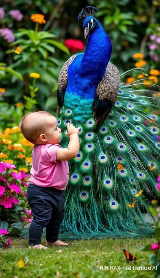 Curious Child Meets Majestic Peacock in Enchanted Garden – AI Generated Video | Hailuo AI