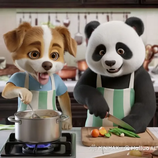 Cute Dog and Panda Joyfully Cooking Together – AI Generated Video | Hailuo AI