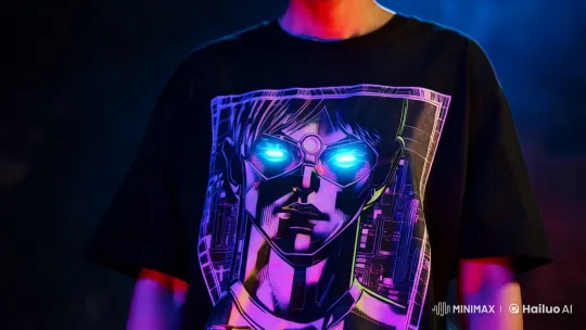 Cyberpunk Gojo Satoru Art on Subject's Shirt – AI Generated Video | Hailuo AI