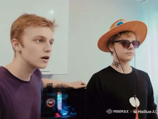 Two Friends Embrace in a Well-Lit Room – AI Generated Video | Hailuo AI