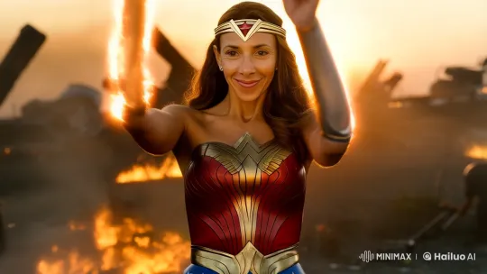 Invincible Wonder Woman on Fiery Battlefield – AI Generated Video | Hailuo AI