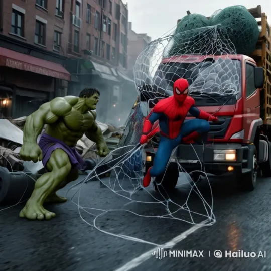Hulk and Spiderman Clear Urban Debris in Epic Rescue – AI Generated Video | Hailuo AI