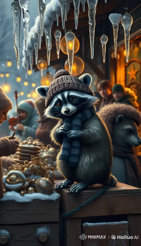 Curious Raccoon Inspects Trinkets at Winter Market – AI Generated Video | Hailuo AI