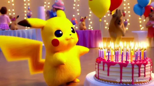 3D Pikachu Enjoys Realistic Birthday Party Setting – AI Generated Video | Hailuo AI