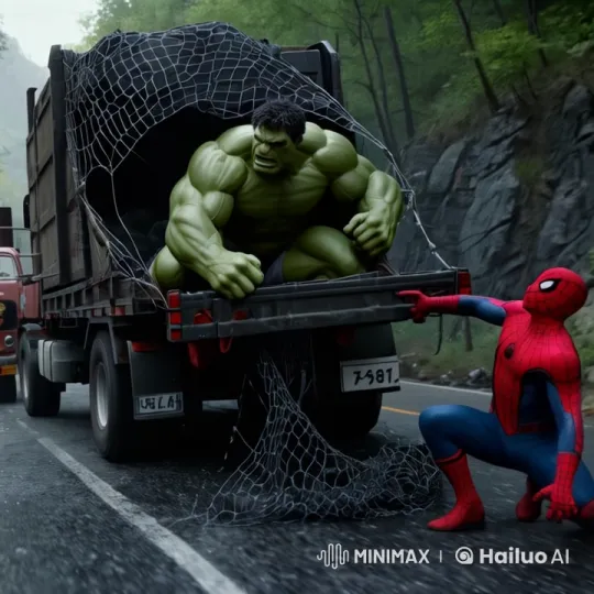 Hulk and Spiderman Clearing Roadblock in Epic Forest Setting – AI Generated Video | Hailuo AI