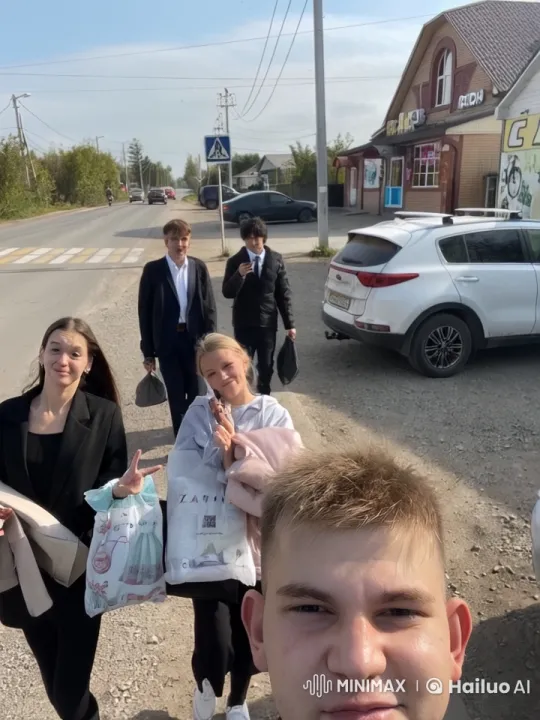 Business and Casual Group Mimics Pulling Car on Rural Street – AI Generated Video | Hailuo AI