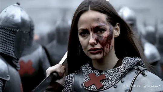 Female Warrior's Resolute Face Amidst Medieval Battle – AI Generated Video | Hailuo AI