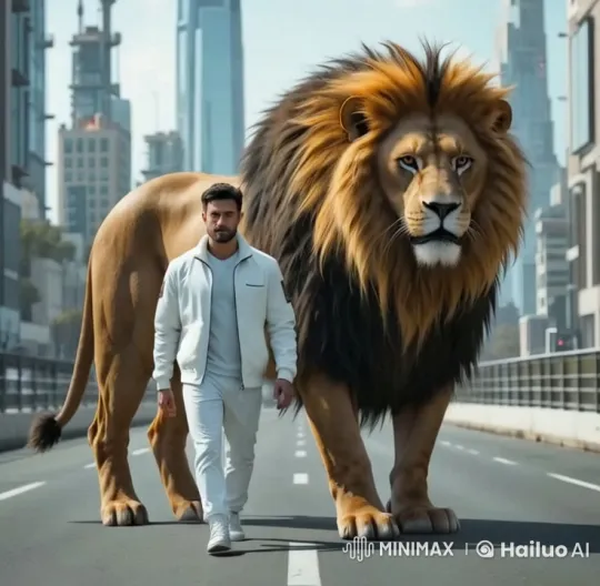 Man Walks with Majestic Lion in Urban Wonderland – AI Generated Video | Hailuo AI