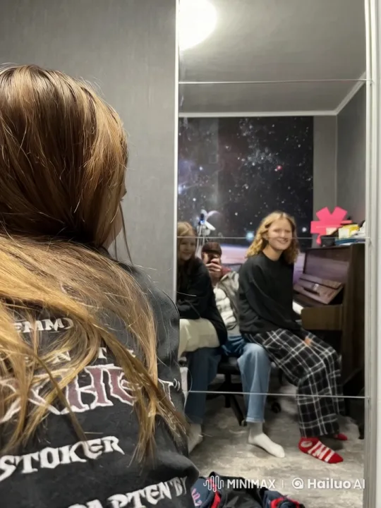 Cozy Space-Themed Room: Two Individuals Playfully Hopping – AI Generated Video | Hailuo AI