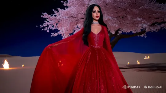 Queen Enchants Desert Night with Sakura Tree and Candles – AI Generated Video | Hailuo AI