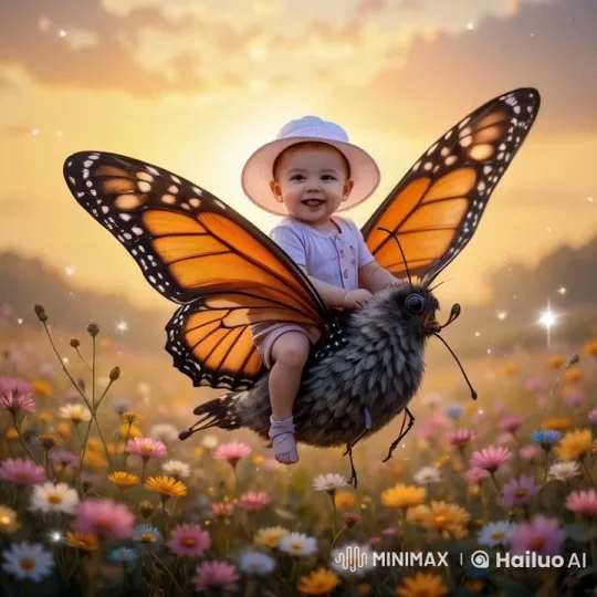 Baby and Butterfly: Sunset Magic in a Flower Field – AI Generated Video | Hailuo AI