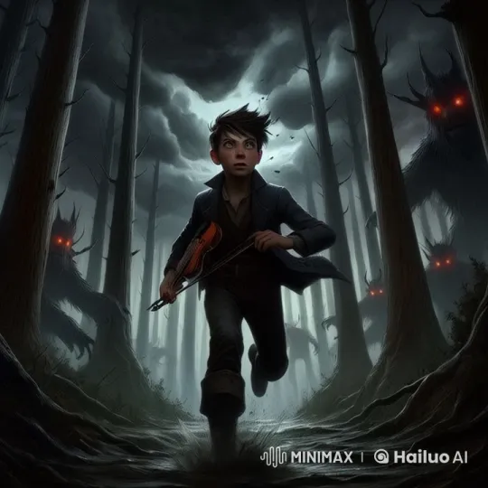 Boy with Violin Navigates Ominous Forest in Dramatic Light – AI Generated Video | Hailuo AI