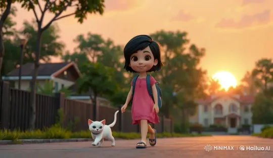 Aaradya and Whiskers: Evening Stroll in a Serene Neighborhood – AI Generated Video | Hailuo AI