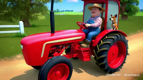 Vibrant Red Tractor and Cheerful Farmer in Pastoral Setting – AI Generated Video | Hailuo AI